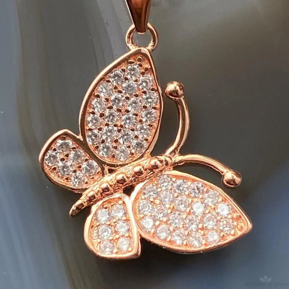 Sterling Silver Rose Coated with Cubic Zirconia Butterfly Pendant with Chain